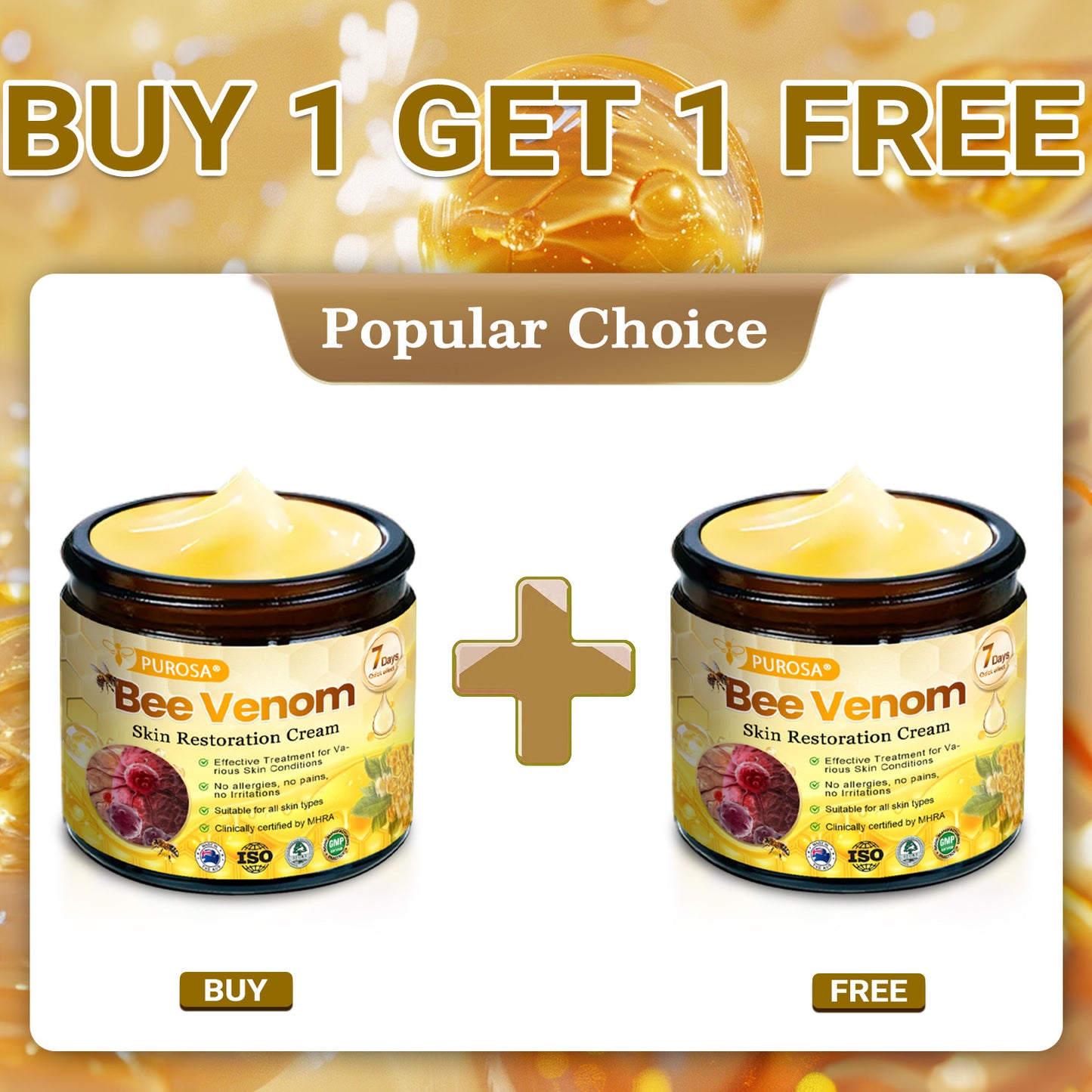 PUROSA® Bee Venom Skin Treatment Cream, Anti-aging, Hydrating, Skin Repair, Even Tone, Acne and Dark Spot Treatment, Wart and Mole Removal, Psoriasis Relief