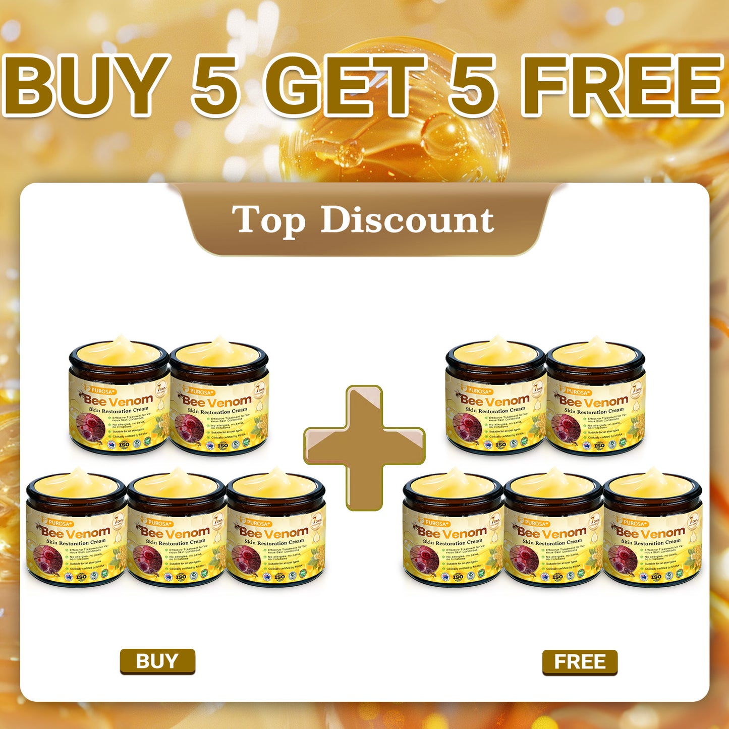 PUROSA® Bee Venom Skin Treatment Cream, Anti-aging, Hydrating, Skin Repair, Even Tone, Acne and Dark Spot Treatment, Wart and Mole Removal, Psoriasis Relief