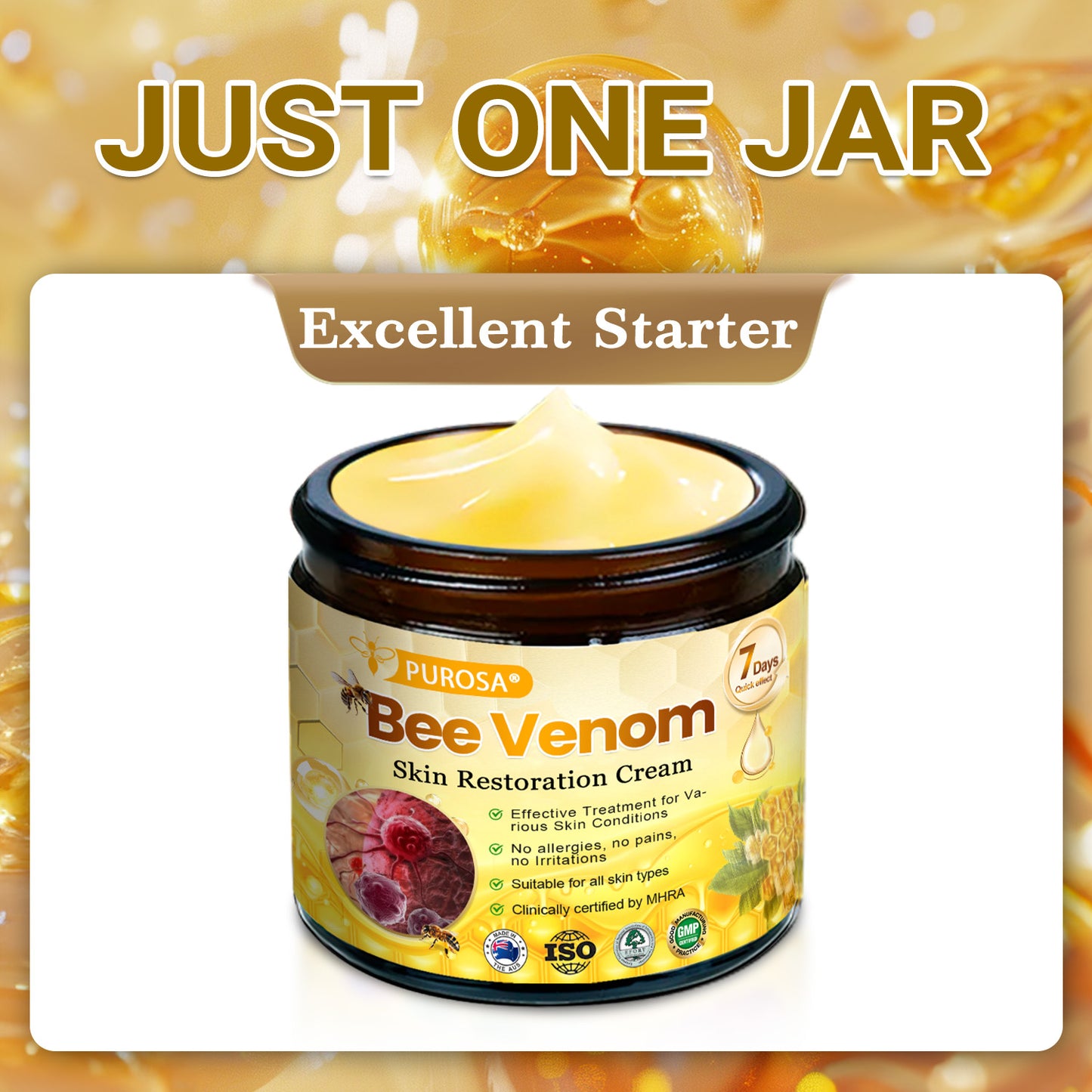 PUROSA® Bee Venom Skin Treatment Cream, Anti-aging, Hydrating, Skin Repair, Even Tone, Acne and Dark Spot Treatment, Wart and Mole Removal, Psoriasis Relief